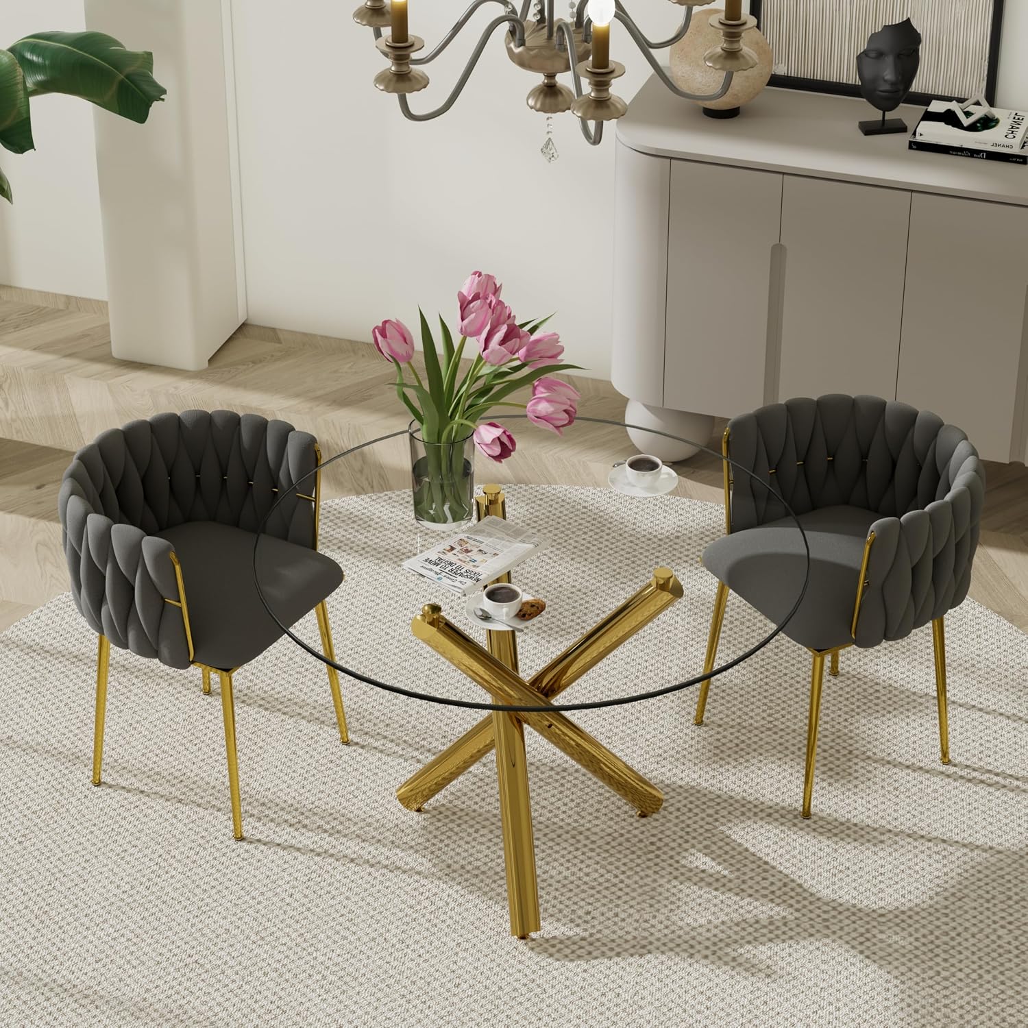 3 Piece Modern Glass Round Dining Set, Clear Circle Glass Top Dinner Room Set, 36'' Gold Luxury Circular Kitchen Table and Grey Woven Chairs Set of 2, for Small Apartment Bedroom Leisure