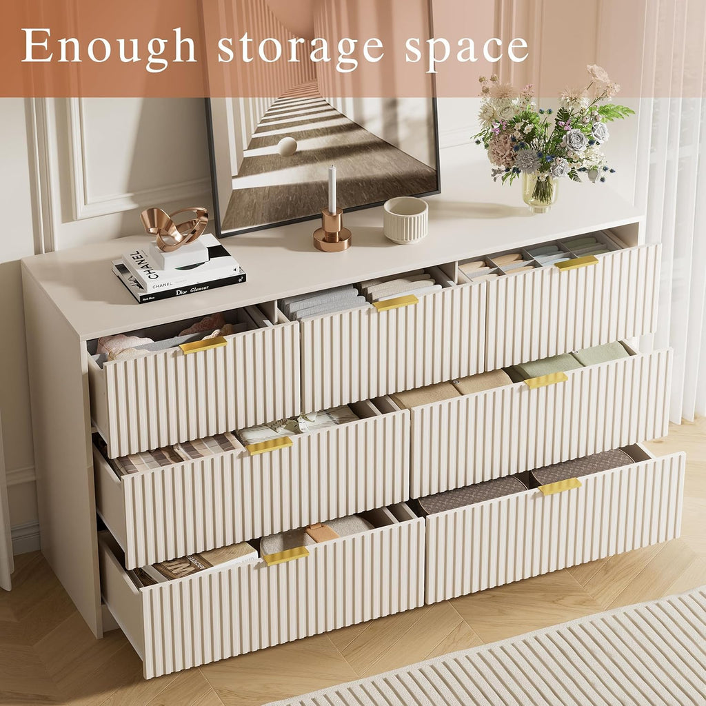 Furniway Beige Dresser Bedroom Set 3 Pieces, Nightstands Sets of 2, 7 Drawer Dresser with Gold Handles for Bedroom