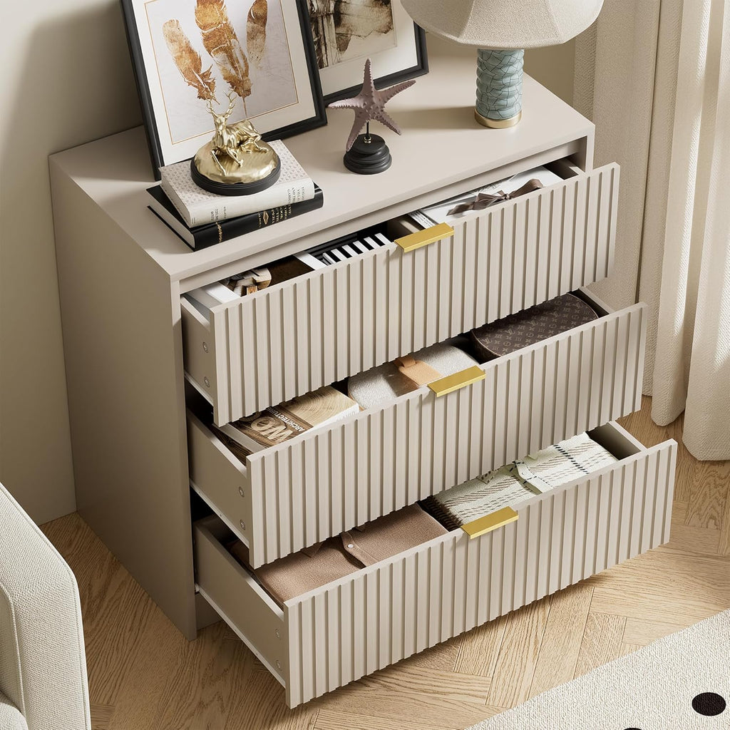 Furniway Beige Dresser Bedroom Set 3 Pieces, Nightstands Sets of 2, 6 Drawer Dresser with Gold Handles for Bedroom