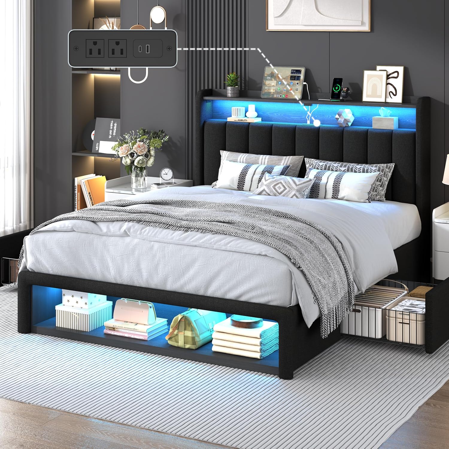 ChicZhiNest Full Size Bed Frame with 2 Storage Drawers, LED Headboard with Charging Station, Upholstered Bed Frame Full with Wooden Slats & Footboard Cubbies, No Box Spring Needed, Black