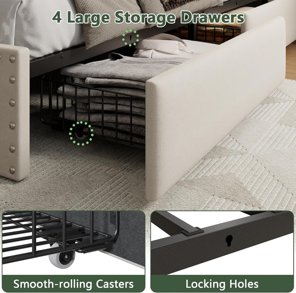 OURPIC Queen Bed Frame with 4 Storage Drawers & Headboard, Upholstered Platform Bed Frame Queen Size with Charging Station & LED Lights, No Box Spring Needed, Metal Slats Support, Noise Free, Beige