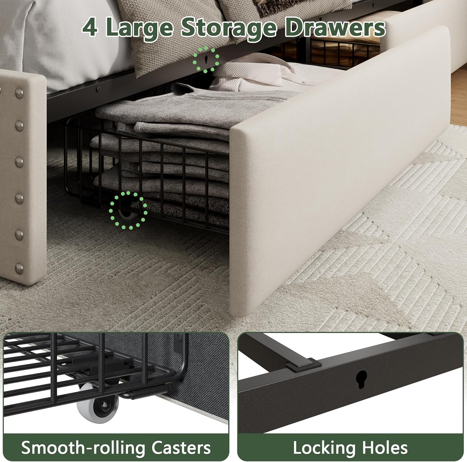 OURPIC Queen Bed Frame with 4 Storage Drawers & Headboard, Upholstered Platform Bed Frame Queen Size with Charging Station & LED Lights, No Box Spring Needed, Metal Slats Support, Noise Free, Beige