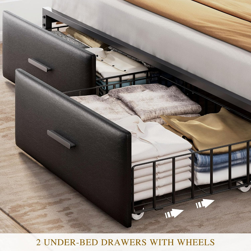 YITAHOME King Size with 2 Storage Drawers and Charging Station, Upholstered Bed with Storage Headboard and LED Light, Heavy Duty Metal Frame Support, No Box Spring Needed, Noise Free, PU Leather Black