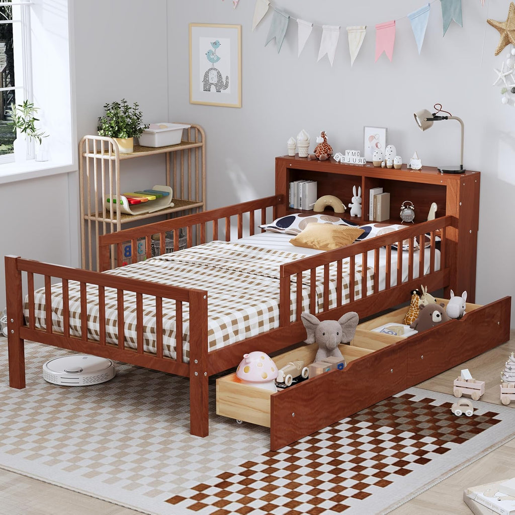 VilroCaz Wood Twin Size Platform Bed with Safety Fence for Kids Boys Girls, Platform Bed Frame with Practical Headboard and 2 Under-Bed Drawers, Sturdy Slats Support (Walnut-3.15)