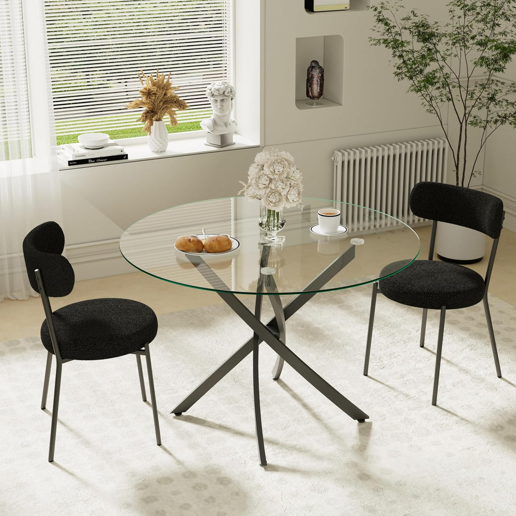 RGZ Modern Round Kitchen Table Set for 2, 36'' Clear Minimalist Glass Circular Top Dining Table Set, 3 PCS Luxury Circular Dinner Set with Black Boucle Chairs, for Small Apartment Café Home (Black)