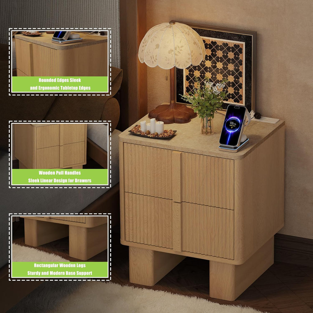 Fluted Night Stand Set 2 with Charging Station, 22' Tall END Table with 2 Large Storage Drawers and 2 Widened Reinforced Legs, Modern Bedside Table for Bedroom, Living Room, Light Oak, 2