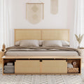 GarveeHome Natural Rattan King Size Bed Frame with Sliding Barn Door Storage Cabinets and Headboard, Boho Farmhouse Wood Platform Bed with Solid Wood Legs Support, No Box Spring Needed
