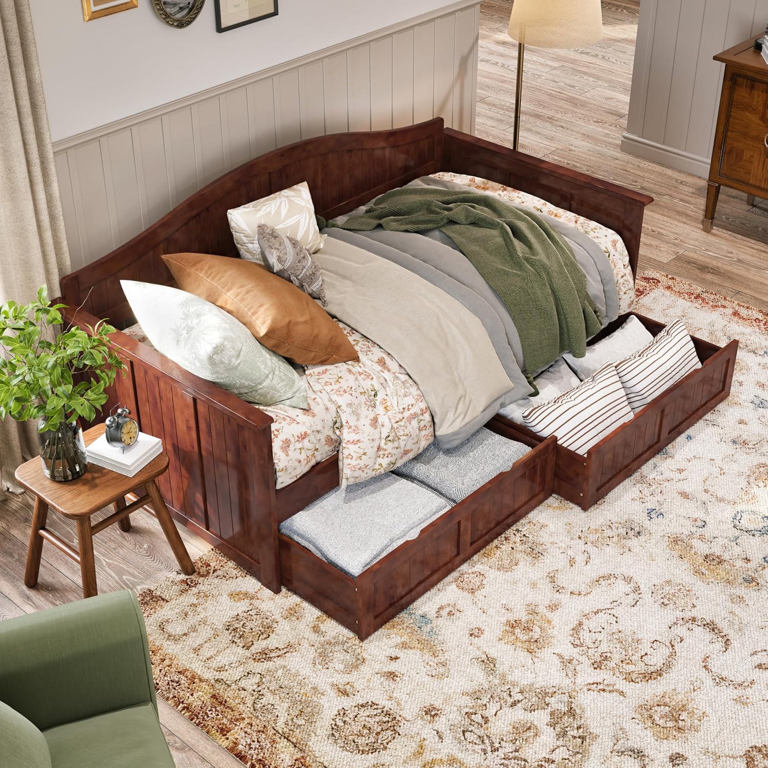 AFI, Nantucket Twin Size Wood Daybed Frame with 2 Storage Drawers, Walnut (Brown)