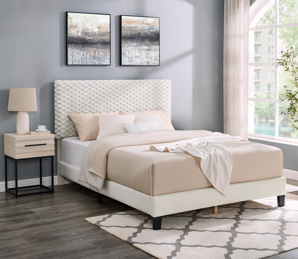 Roundhill Furniture Findlay 2-Piece Bedroom Set, Plush 3D Upholstered Bed with Nightstand, Full