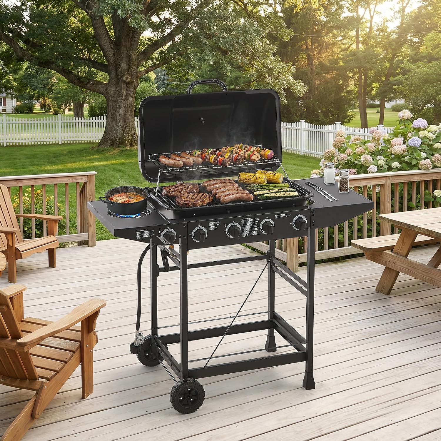 Black 4 Burner Propane Gas BBQ Grill with Side Burner, 42000 BTU Output Stainless Steel Barbecue Grill with Enameled Grates and Side Tables for Outdoor Cooking Patio Backyard (4+1)