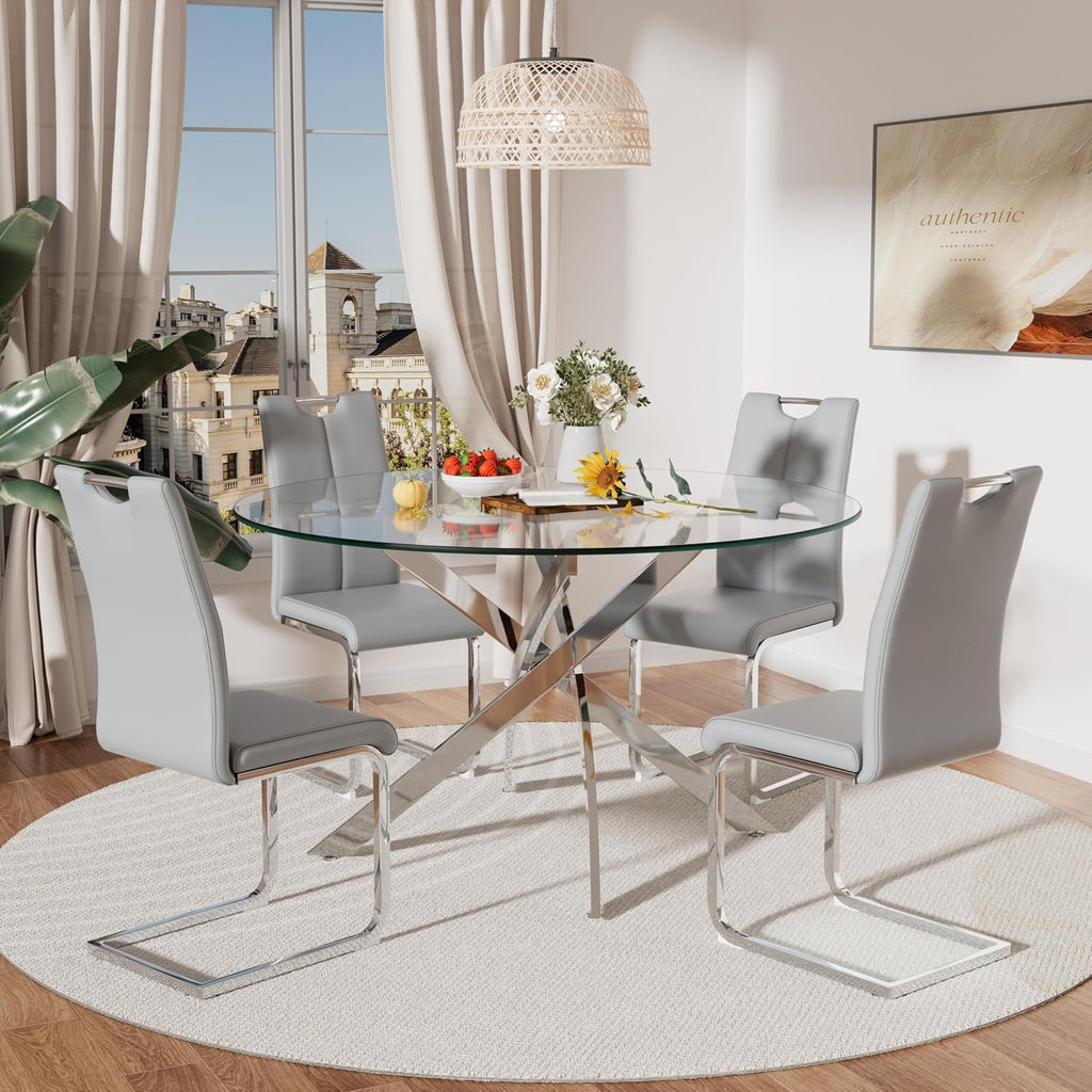 RGZ 5 Pieces Modern Round Kitchen Set, Clear Circle Glass Dining Table with Light Grey PU Faux Leather Chairs Set of 4, 47'' Large Luxury Circular Dinner Room Set, for Apartment Bedroom (Silver)