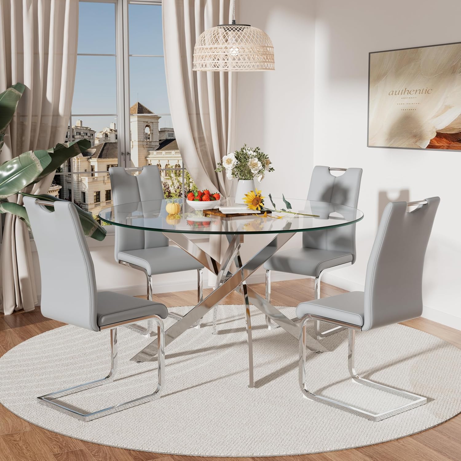 RGZ 5 Pieces Modern Round Kitchen Set, Clear Circle Glass Dining Table with Light Grey PU Faux Leather Chairs Set of 4, 47'' Large Luxury Circular Dinner Room Set, for Apartment Bedroom (Silver)