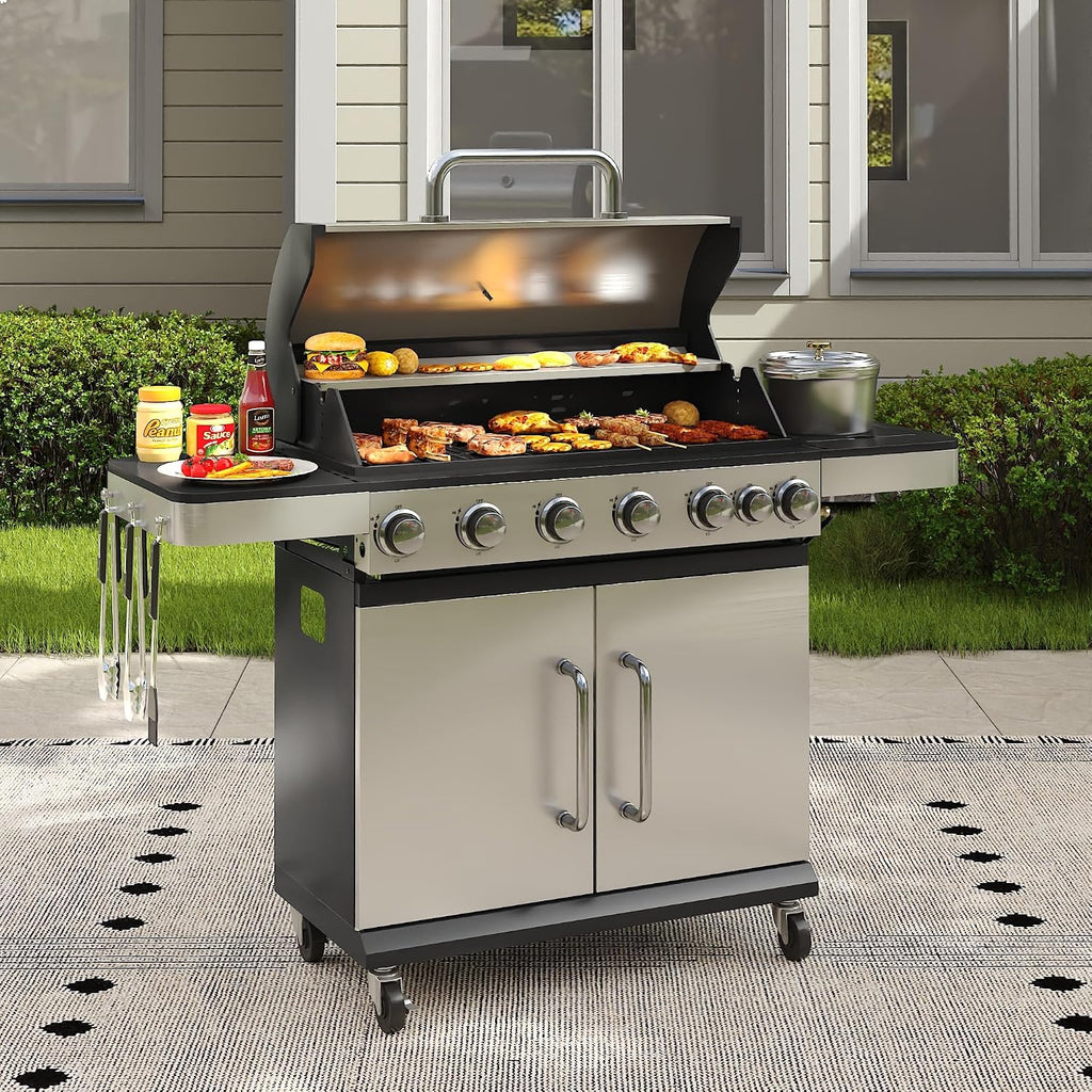 6 Burners Propane Gas Grill with Side Burner, Stainless Steel BBQ Grill with Porcelain-Enameled Cast Iron Grates, 65,500 BTU Outdoor Patio Barbeque Grill for Party, Camping, Backyard