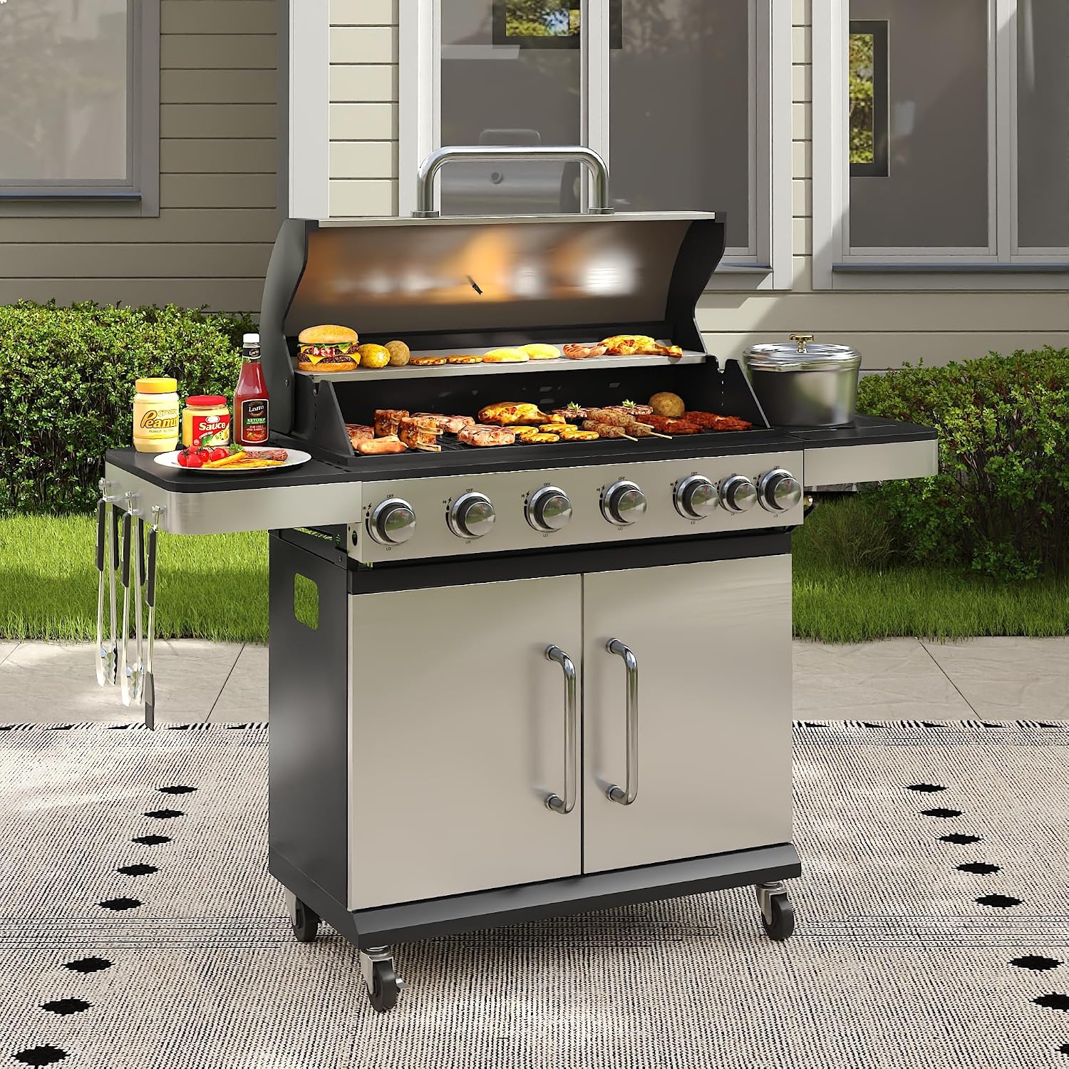 6 Burners Propane Gas Grill with Side Burner, Stainless Steel BBQ Grill with Porcelain-Enameled Cast Iron Grates, 65,500 BTU Outdoor Patio Barbeque Grill for Party, Camping, Backyard
