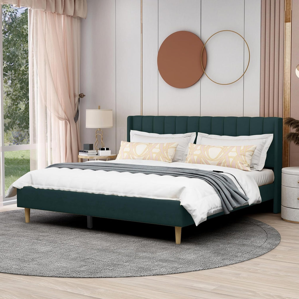 AGARTT Upholstered Platform Bed Frame King Size with Headboard and Footboard/Wooden Slats Support/No Box Spring Needed/Easy Assembly,Green Velvet