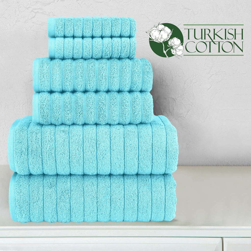 Elegant Comfort 100% Turkish Cotton Corduroy Ribbed Luxury Bath Towels 6-Piece Set, Premium - Quick Dry, Highly Absorbent, Contains 2 Bath, Hand, Washcloths, Aqua (Pack of 4)