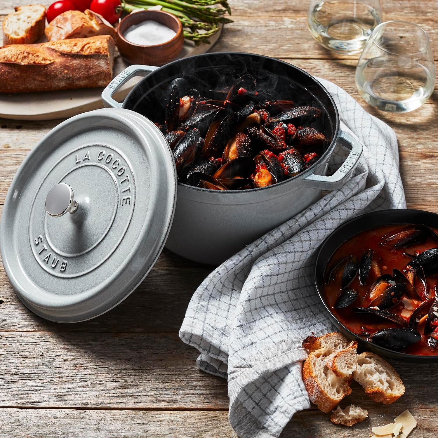 Staub Cast Iron 7-qt Round Cocotte - White Truffle