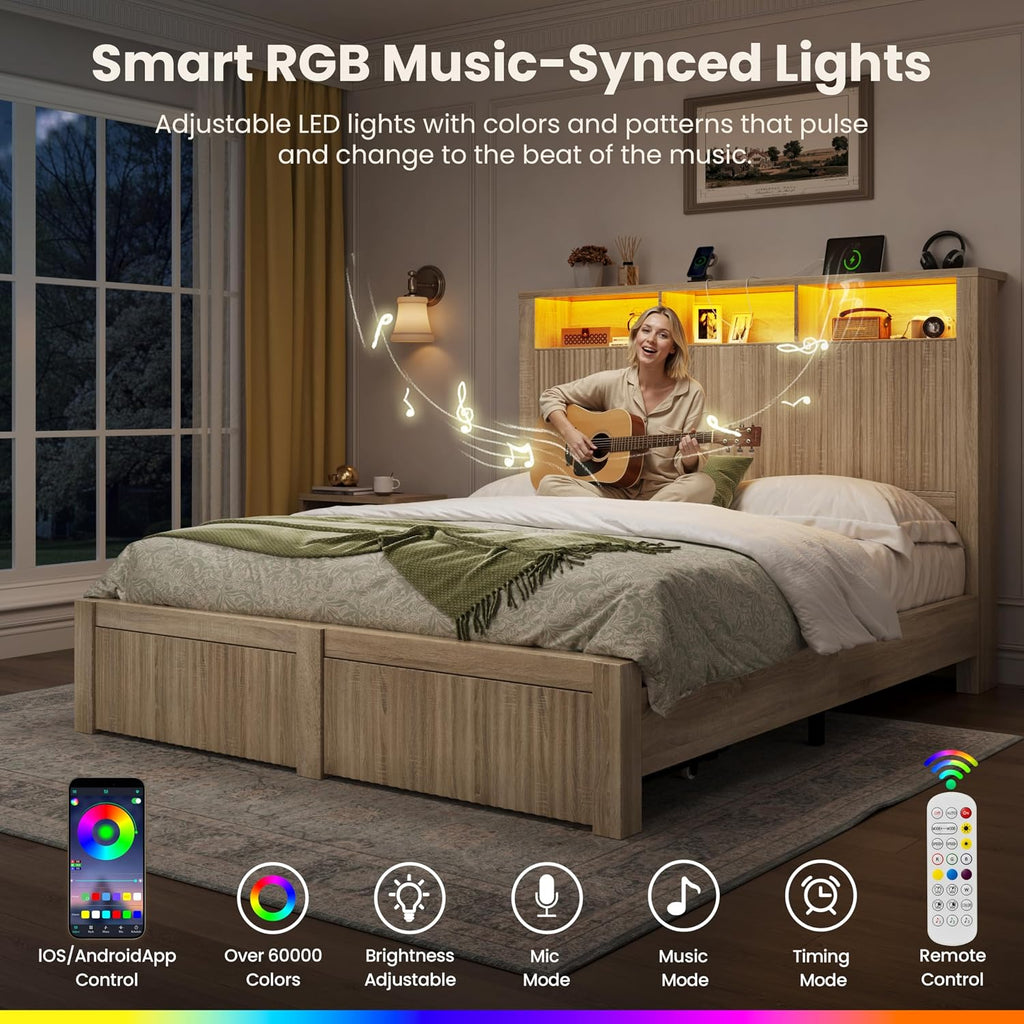 CypBed Full Size Bed Frame with Headboard and Storage Drawer, Full Bed Frame with LED Light and Charging Port, Farmhouse Wavy Wood Design, Wood & Metal Platform, Noise-Free, No Box Spring Needed