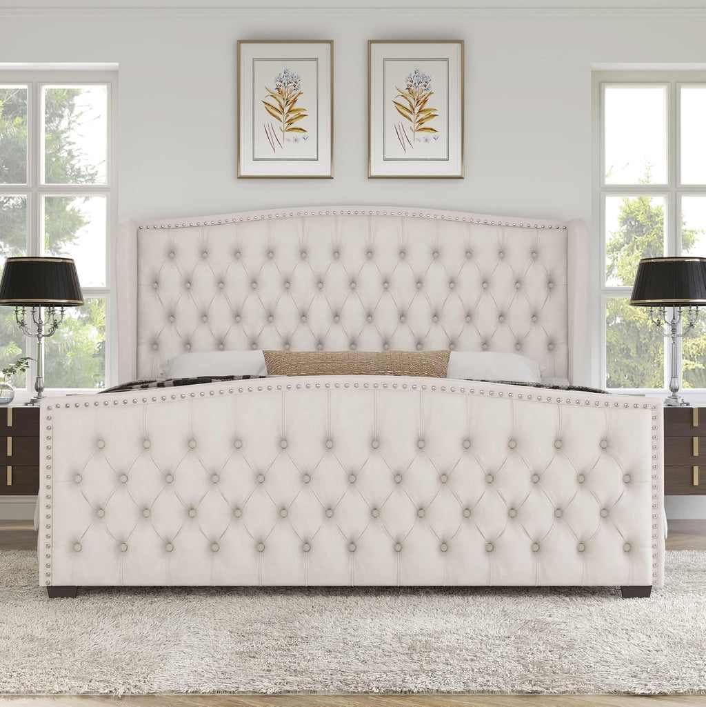 AMERLIFE California King Size Platform Bed Frame, Velvet Upholstered Bed with Deep Button Tufted & Nailhead Trim Wingback Headboard/No Box Spring Needed, Cream
