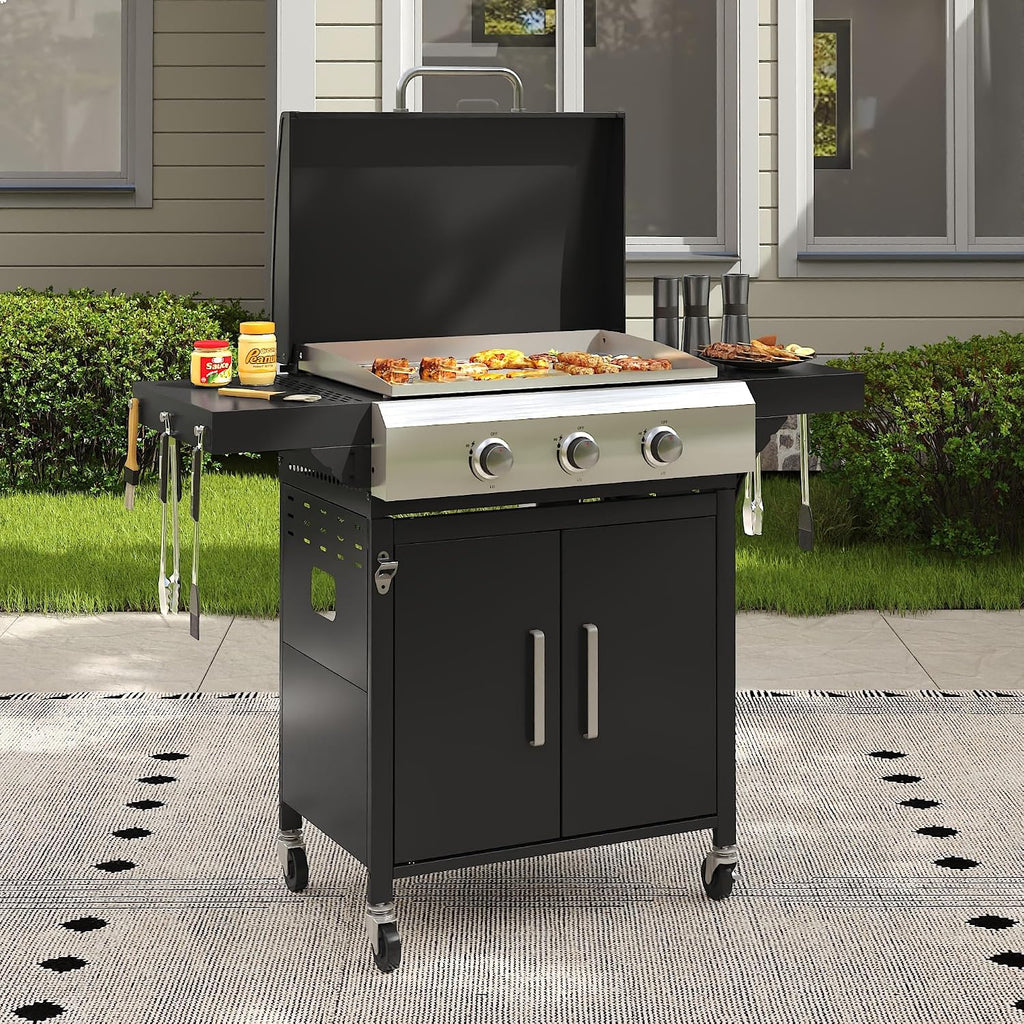 3 Burners Propane Gas Grill, Stainless Steel BBQ Grill with Porcelain-Enameled Cast Iron Grates, 36,000 BTU Outdoor Patio Barbeque Grill and Griddle Combo for Party, Camping, Backyard