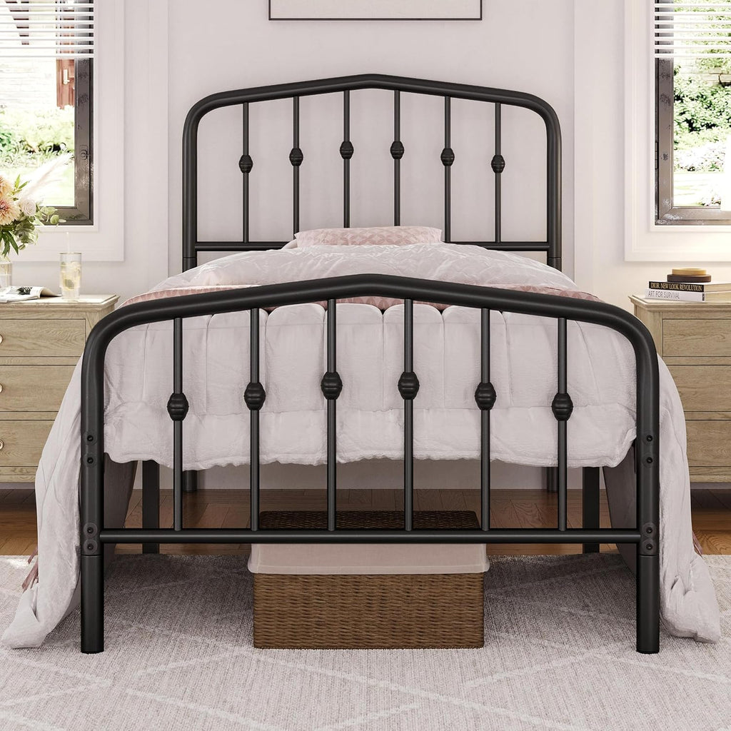 Yaheetech 2pcs Twin Bed Frames Metal Platform Bed with Victorian Style Iron Headboard and Footboard/Easy Assembly/No Box Spring Needed/Matte Black Twin Bed