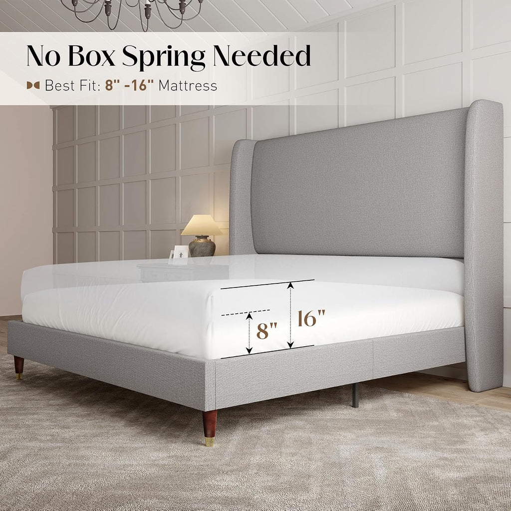 PaPaJet Full Size Bed Frame with 51.2' Wingback Headboard,Line Upholstered Platform Bed,Solid Wood Legs,No Box Spring Needed,Noise-Free&Easy Assembly,for Teen Girls, Dorm, Small Bedroom,Light Grey
