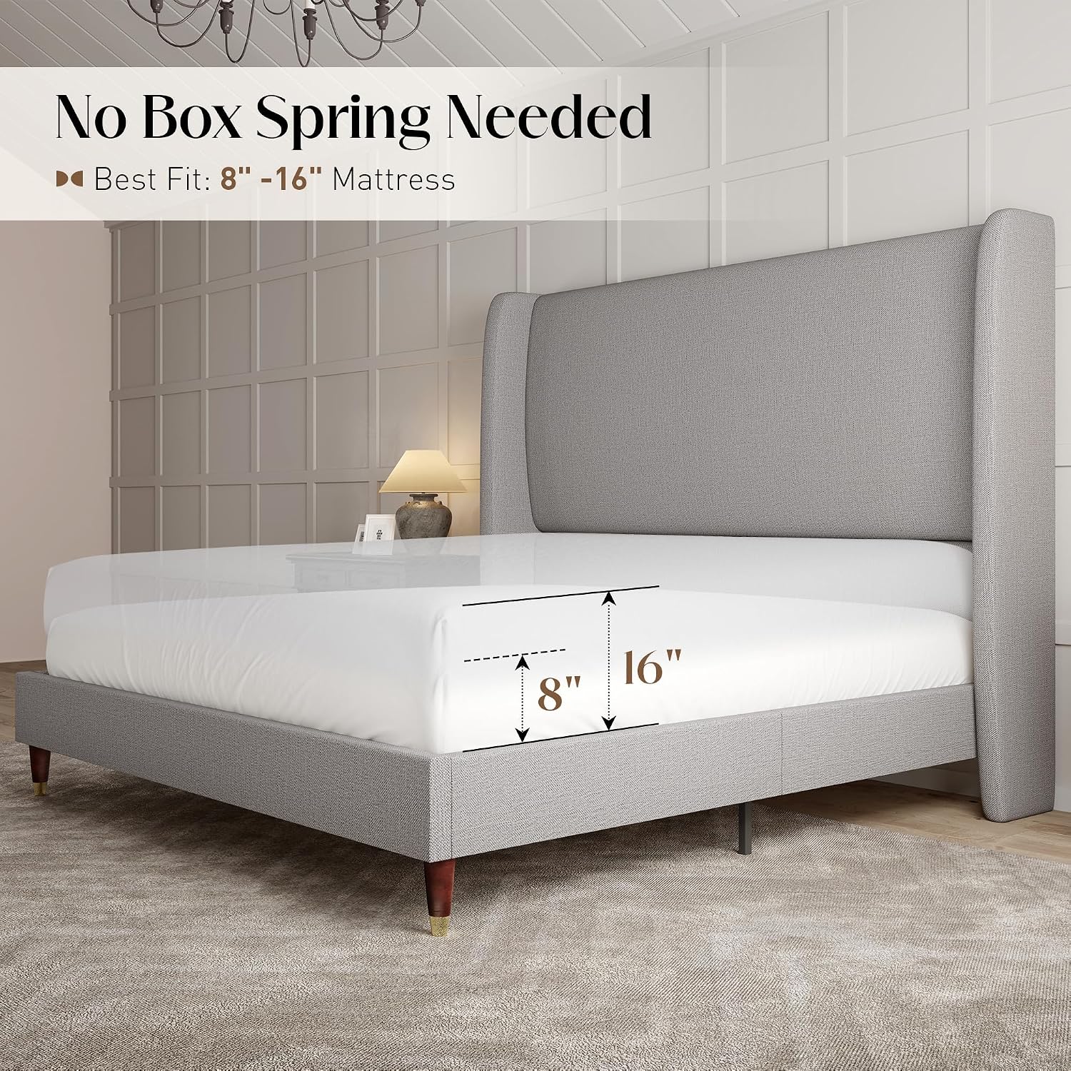 PaPaJet Full Size Bed Frame with 51.2' Wingback Headboard,Line Upholstered Platform Bed,Solid Wood Legs,No Box Spring Needed,Noise-Free&Easy Assembly,for Teen Girls, Dorm, Small Bedroom,Light Grey
