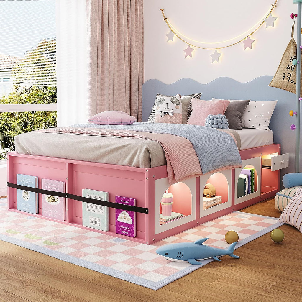 Bellemave Queen Size Kids Bed with Display Cabinet, LED Light and Drawer, Wood Queen Platform Bed with Bookshelf, BedFrames for Kids, Adults, Pink+White