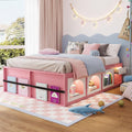 Bellemave Queen Size Kids Bed with Display Cabinet, LED Light and Drawer, Wood Queen Platform Bed with Bookshelf, BedFrames for Kids, Adults, Pink+White