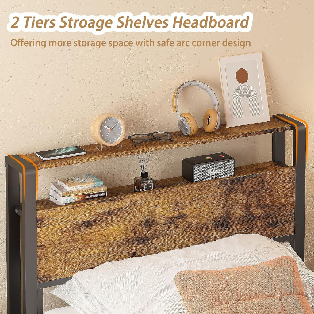 Weehom Twin Bed Frames for Kids, Twin Size Bed with 2 Tiers Wood Shelves Headboard Under Bed Storage Space No Box Spring Needed Heavy Duty Metal Plaform, Brown