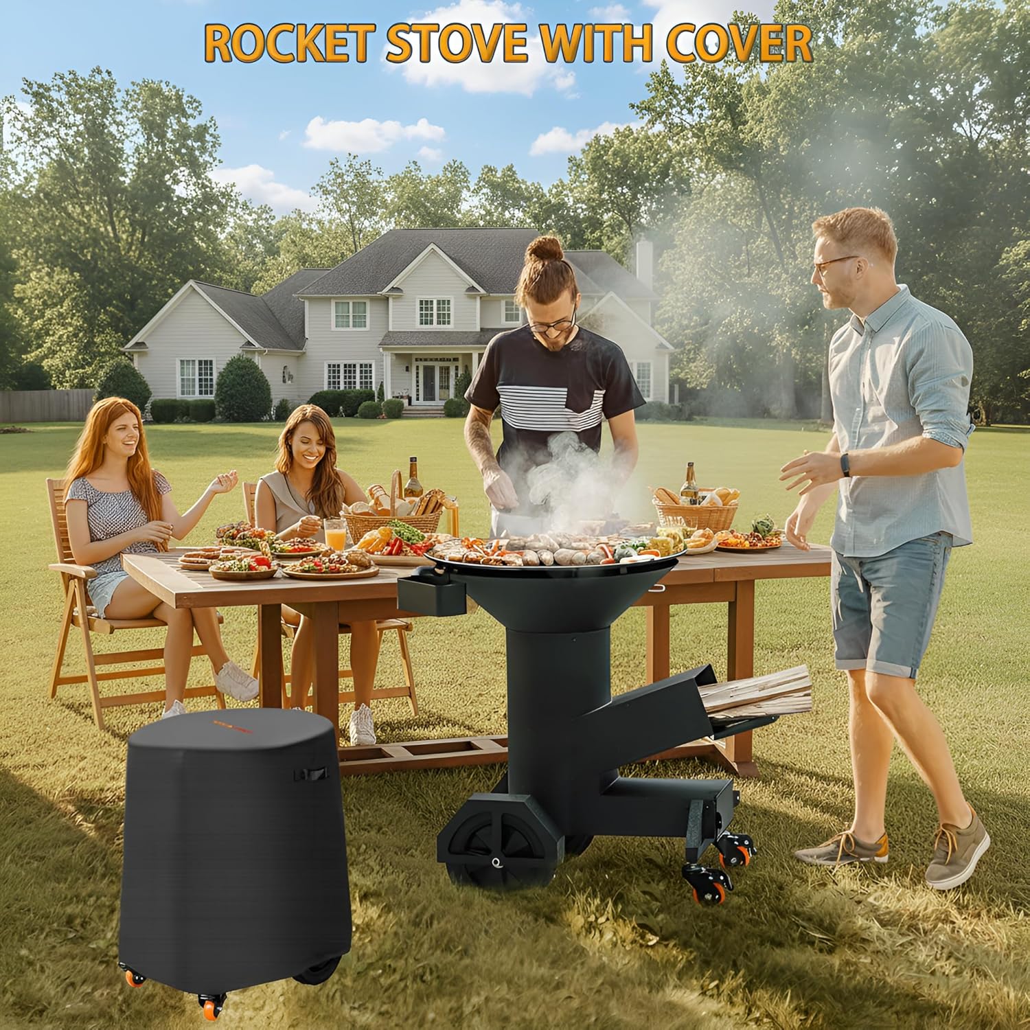 ONLYFIRE GRILLS Heavy Duty Rocket Stove with Griddle, Grate, Wheels, Ash Tool & Cover, Large Wood Stove BBQ Grill for Patio Outdoor Cooking Backyard Camping Beach Tailgating, 28x23x31in, GS346