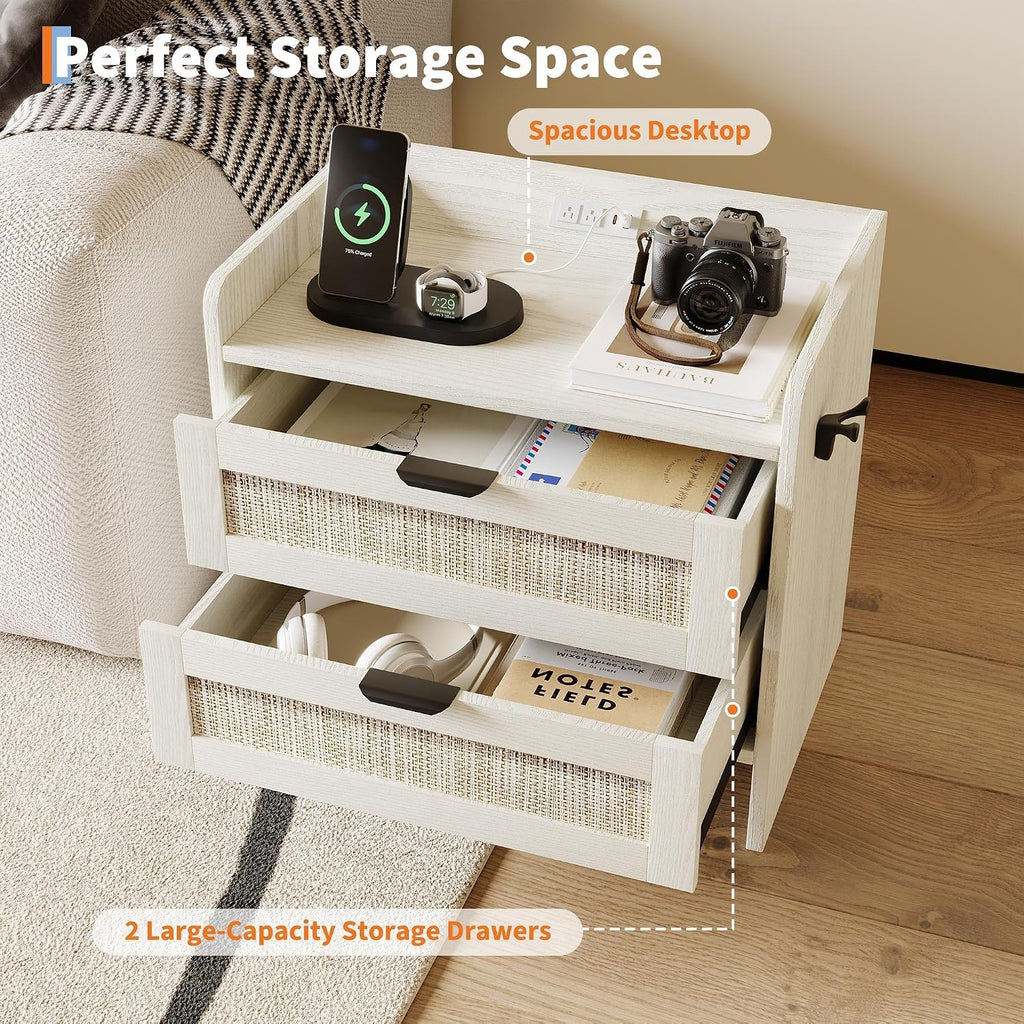 Rattan Nightstand Set of 2, Bedside Table, Modern Night Stand with Type-C Charging Station, 2 Drawer Storage Space, with Hook Included, Suitable for Bedroom, Office as a End Table, Side Tables