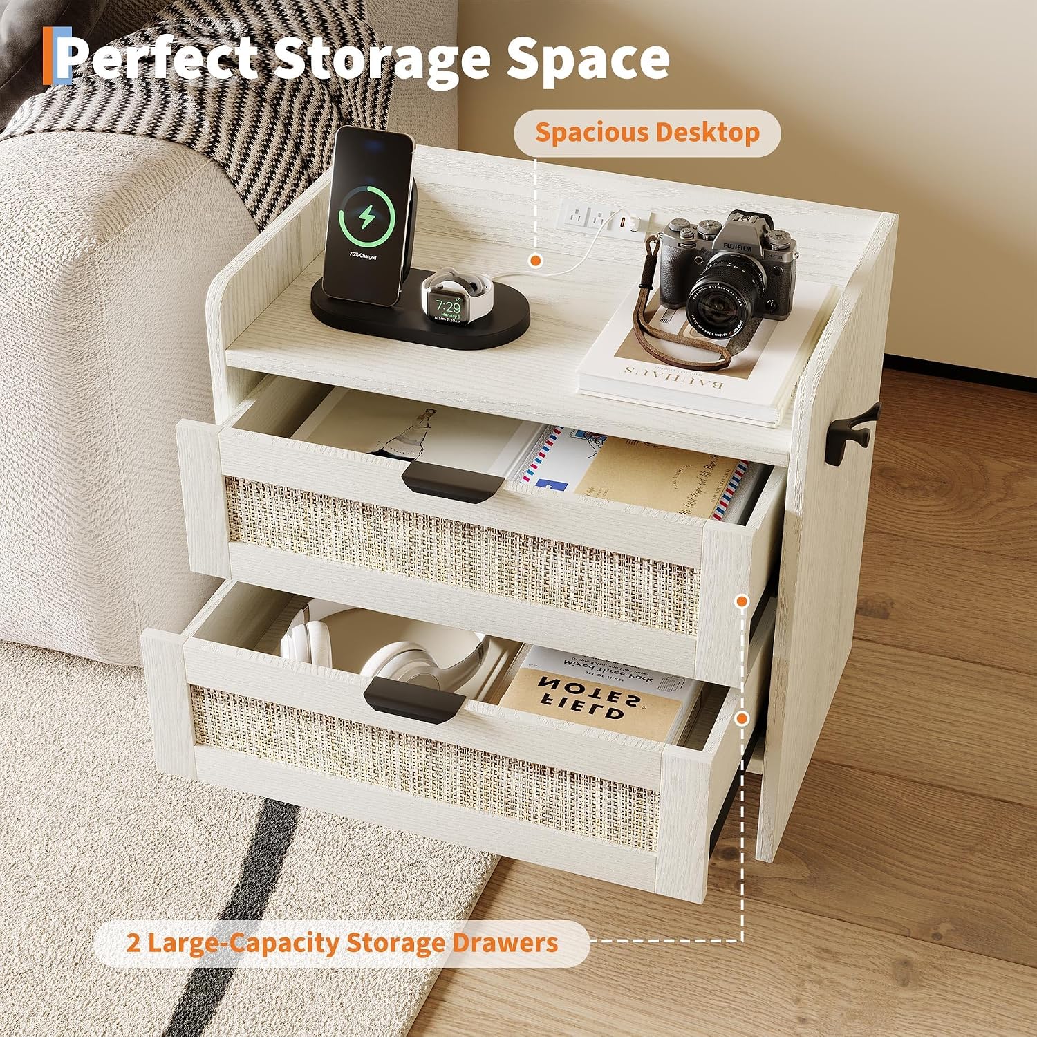 Rattan Nightstand Set of 2, Bedside Table, Modern Night Stand with Type-C Charging Station, 2 Drawer Storage Space, with Hook Included, Suitable for Bedroom, Office as a End Table, Side Tables