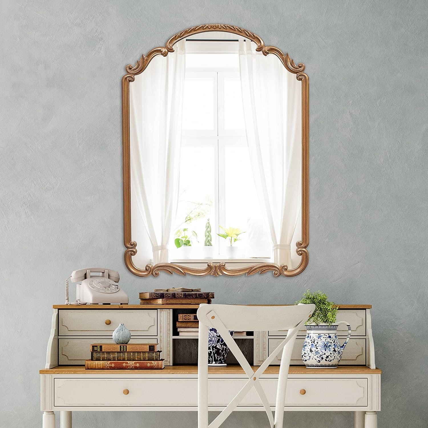 Wylde Iris English Estate Carved Arch Wood Wall Mirror, Mirror for Entryway, Living Room, Bathroom, Antique Gold, 22x30