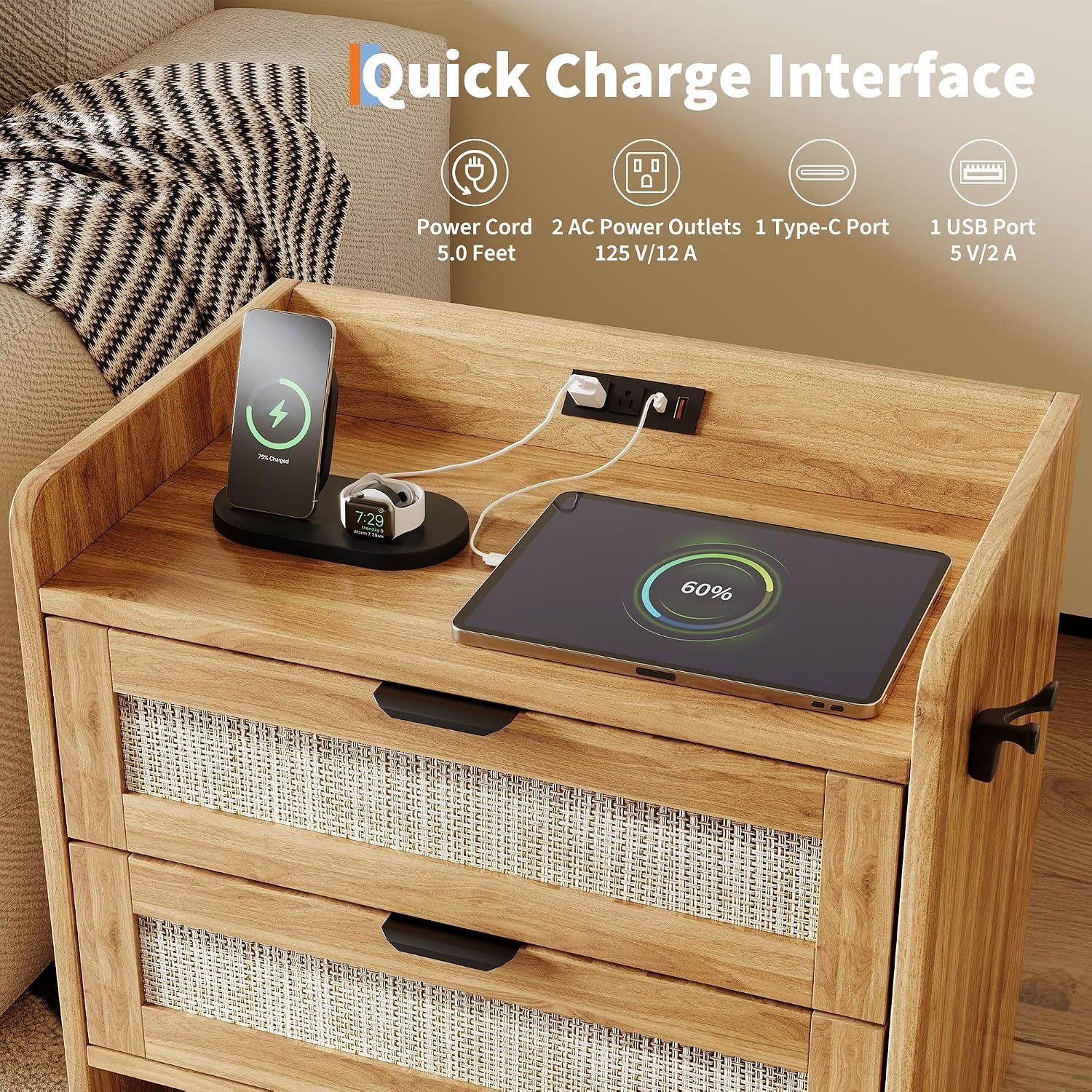 Rattan Nightstand Set of 2, Bedside Table, Modern Night Stand with Type-C Charging Station, 2 Drawer Storage Space, with Hook Included, Suitable for Bedroom, Office as a End Table, Side Tables