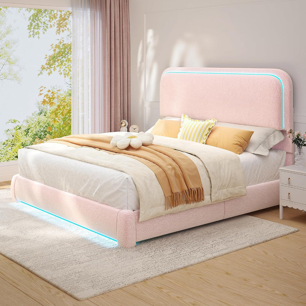 Torana Queen LED Bed Frame with Headboard and Footboard, Curved Shaped Cloud Marshmallow Upholstered Beds, Teddy Fleece Bedframe with Soft Rounded Corners and Strong Slats Support, Pink