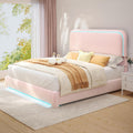 Torana Full LED Bed Frame with Headboard and Footboard, Curved Shaped Cloud Marshmallow Upholstered Beds, Teddy Fleece Bedframe with Soft Rounded Corners and Strong Slats Support, Pink
