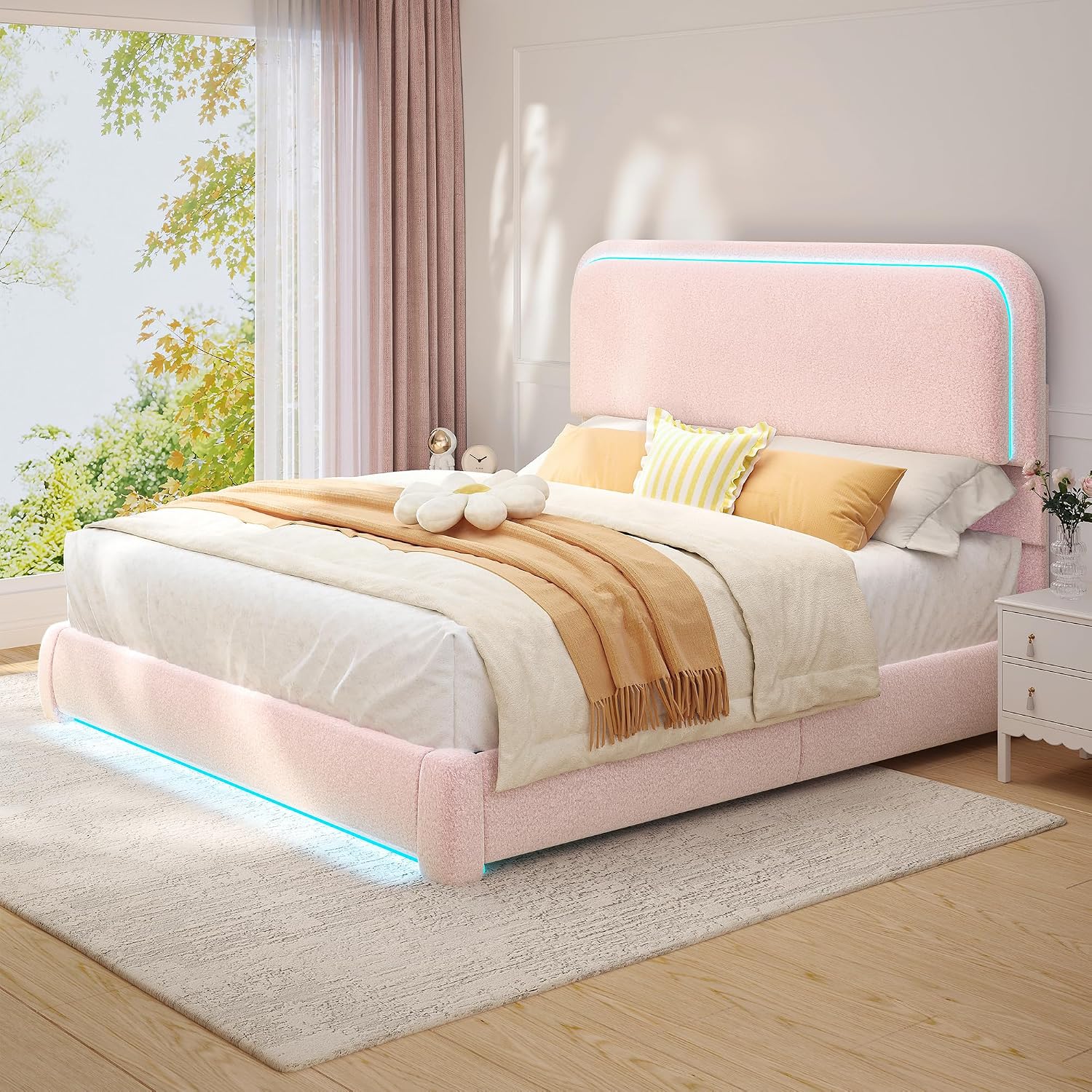 Torana Full LED Bed Frame with Headboard and Footboard, Curved Shaped Cloud Marshmallow Upholstered Beds, Teddy Fleece Bedframe with Soft Rounded Corners and Strong Slats Support, Pink