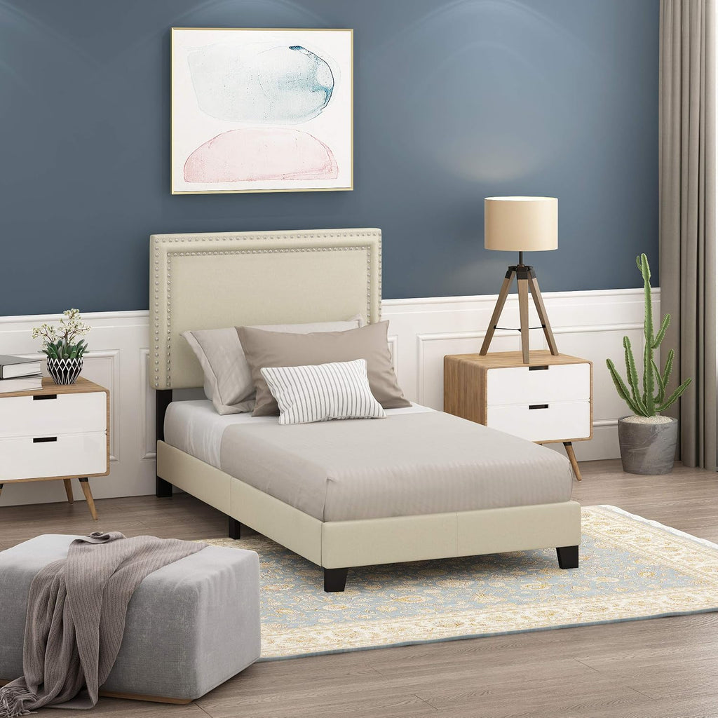 Furinno Laval Double Row Nail Head 12PC Slat Style Bed Frame, Twin, Linen