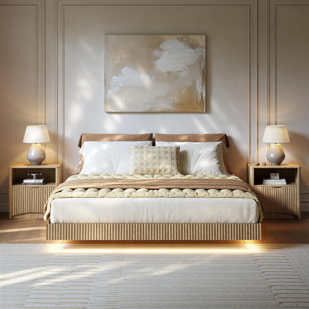 Evermagin Bedroom Furniture Set-Bed with 2 Nightstands, Mid Century Modern Bedroom Set, Floating Bed Frame Led Lights, Fluted Floating Room Furnitures, 3-Piece Room Set (Nbh, King)