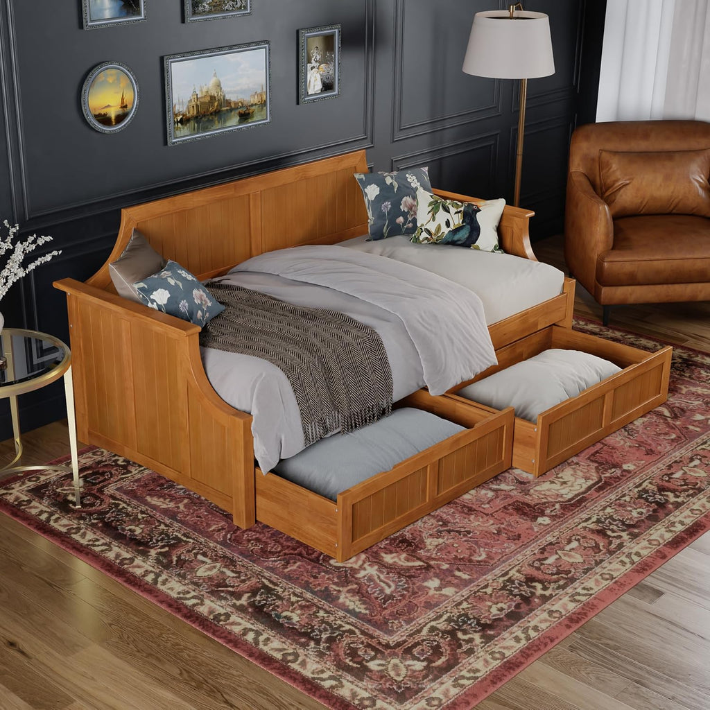 AFI, Cambridge Twin Size Wood Daybed Frame with 2 Storage Drawers, Light Toffee