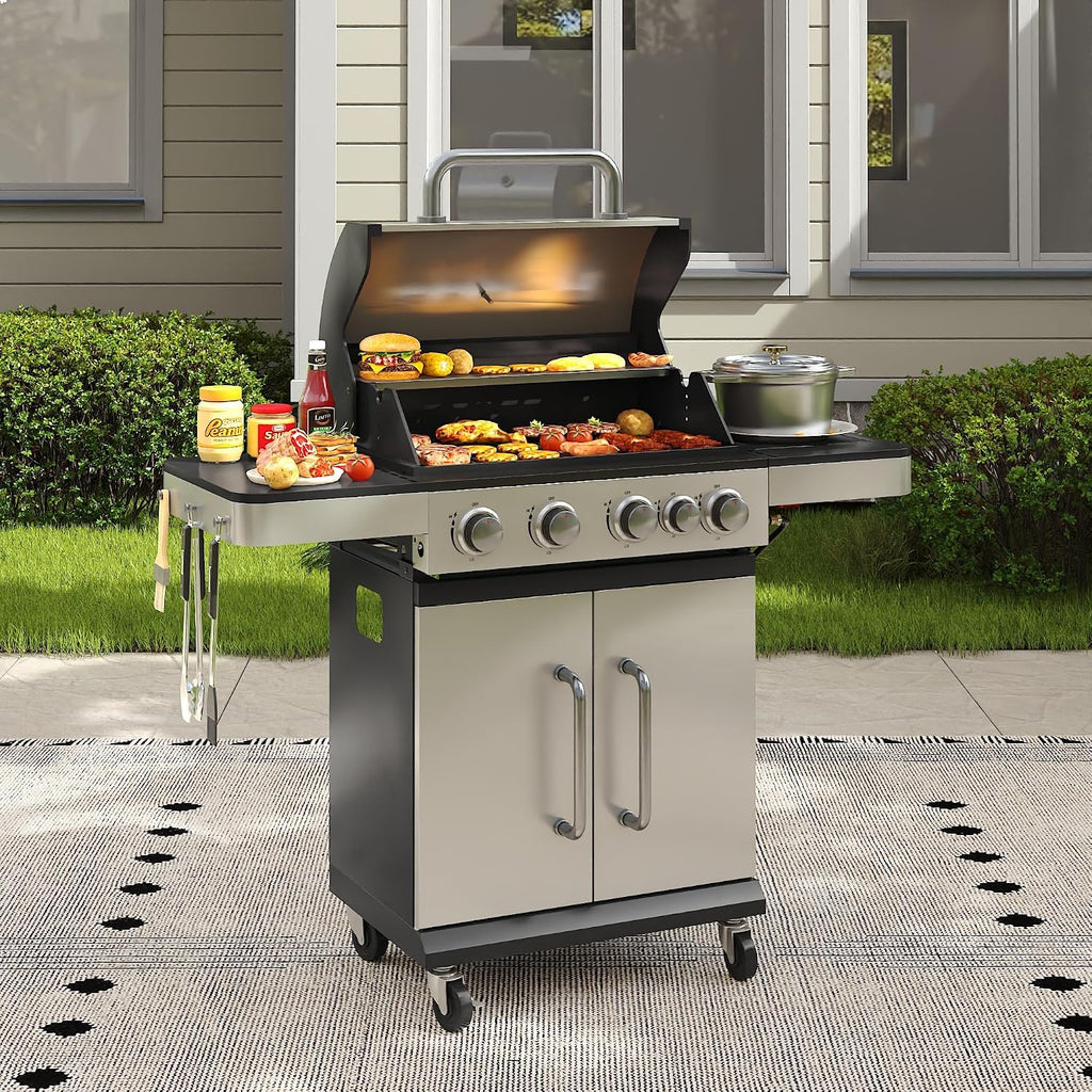 4 Burners Propane Gas Grill with Side Burner, Stainless Steel BBQ Grill with Porcelain-Enameled Cast Iron Grates, 46,500 BTU Outdoor Patio Barbeque Grill for Party, Camping, Backyard