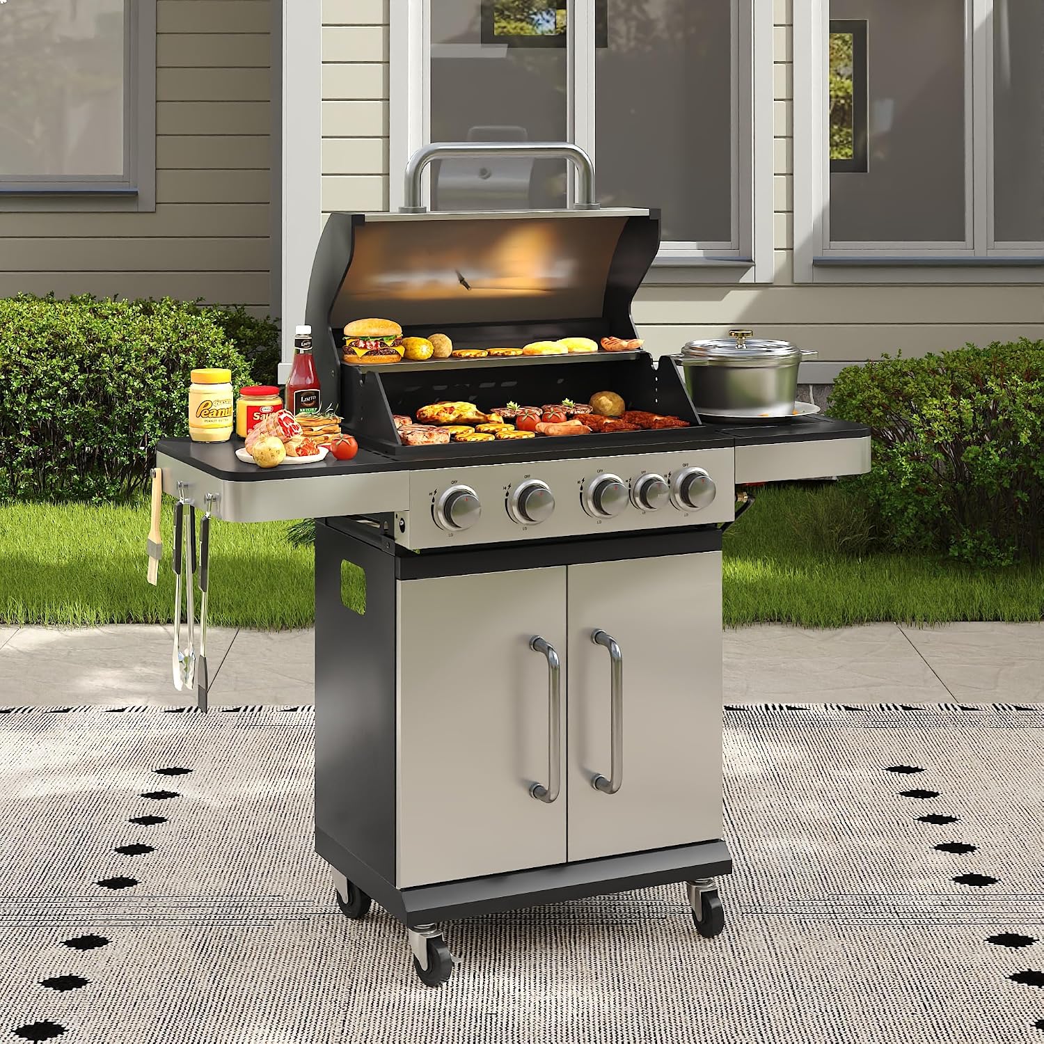 4 Burners Propane Gas Grill with Side Burner, Stainless Steel BBQ Grill with Porcelain-Enameled Cast Iron Grates, 46,500 BTU Outdoor Patio Barbeque Grill for Party, Camping, Backyard