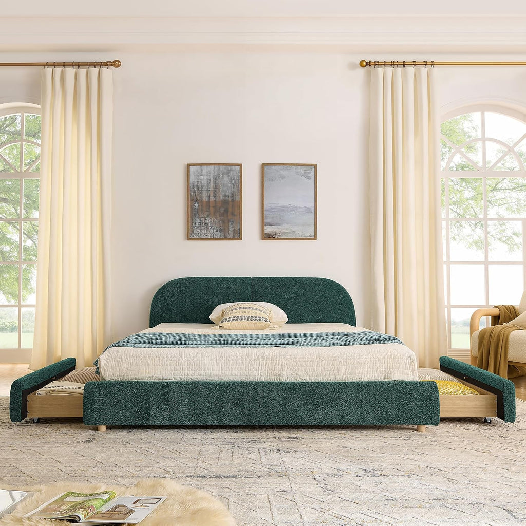 Queen Size Floor Bed Frame with 4 Wheeled Storage Drawer and Tall Curved Headboard, Modern Minimalist Style Upholstered Platform Bed Frame, Wooden Slats Support, Easy Assembly, Green