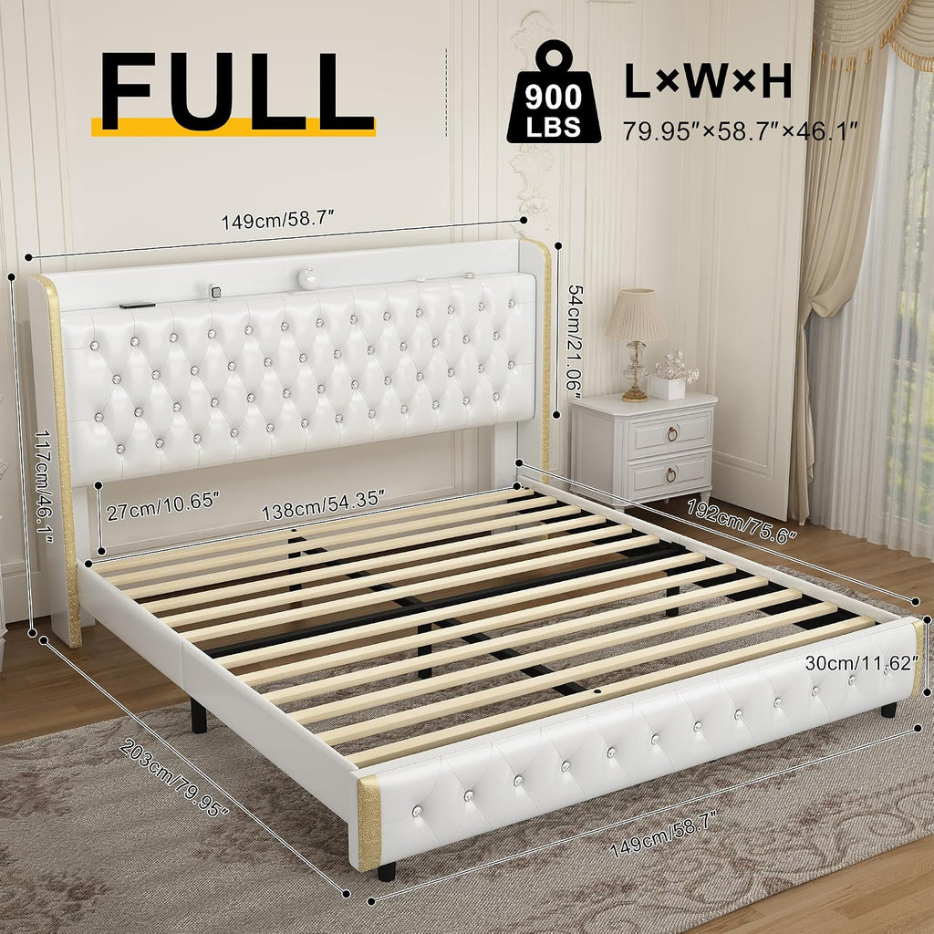 Full Modern Wingback Upholstered Platform Bed Frame with Galaxy Projector, LED Bed Frame, Sturdy Noiseless Design, Headboard with Star Accents, Simple Assembly, No Box Spring Needed, PU White