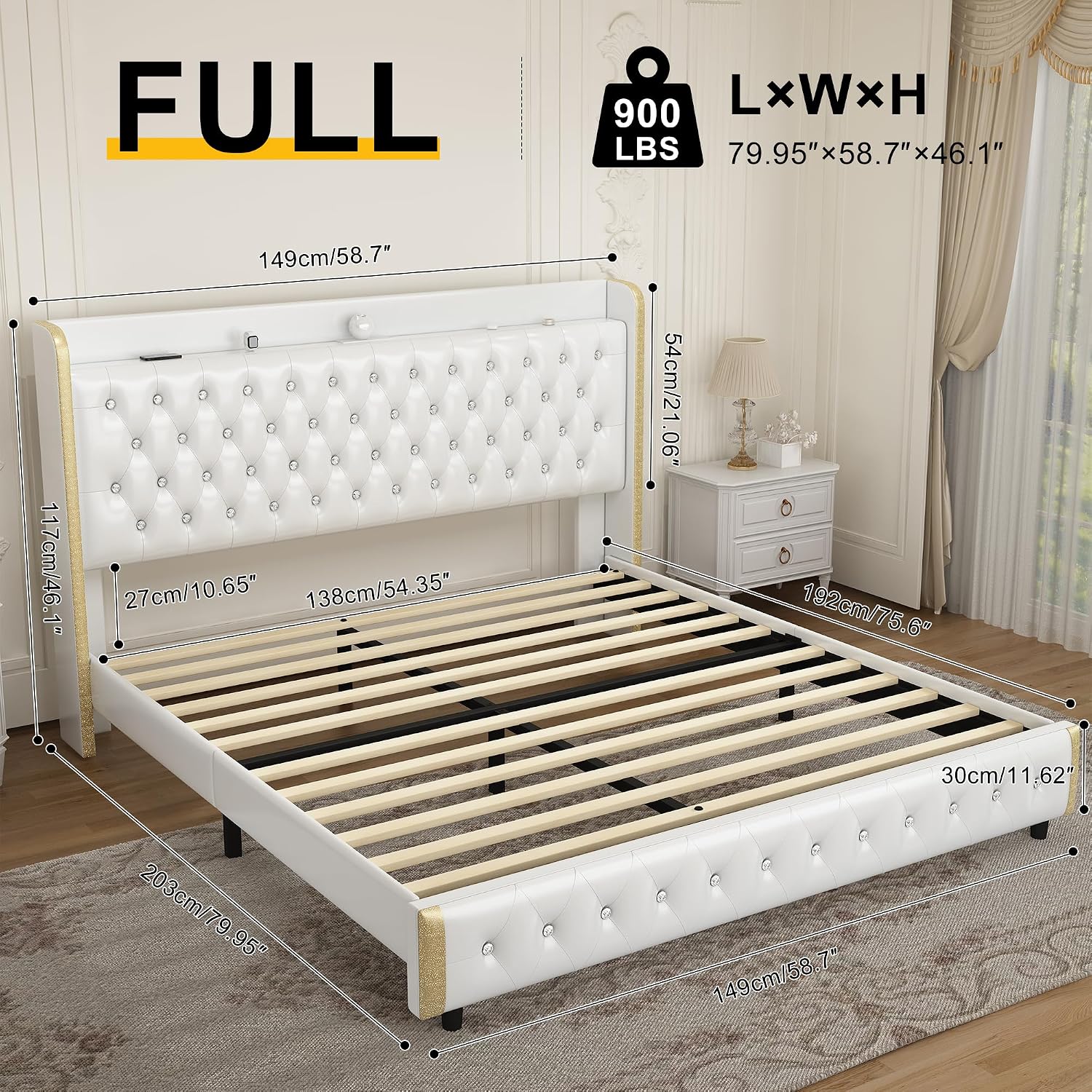 Full Modern Wingback Upholstered Platform Bed Frame with Galaxy Projector, LED Bed Frame, Sturdy Noiseless Design, Headboard with Star Accents, Simple Assembly, No Box Spring Needed, PU White