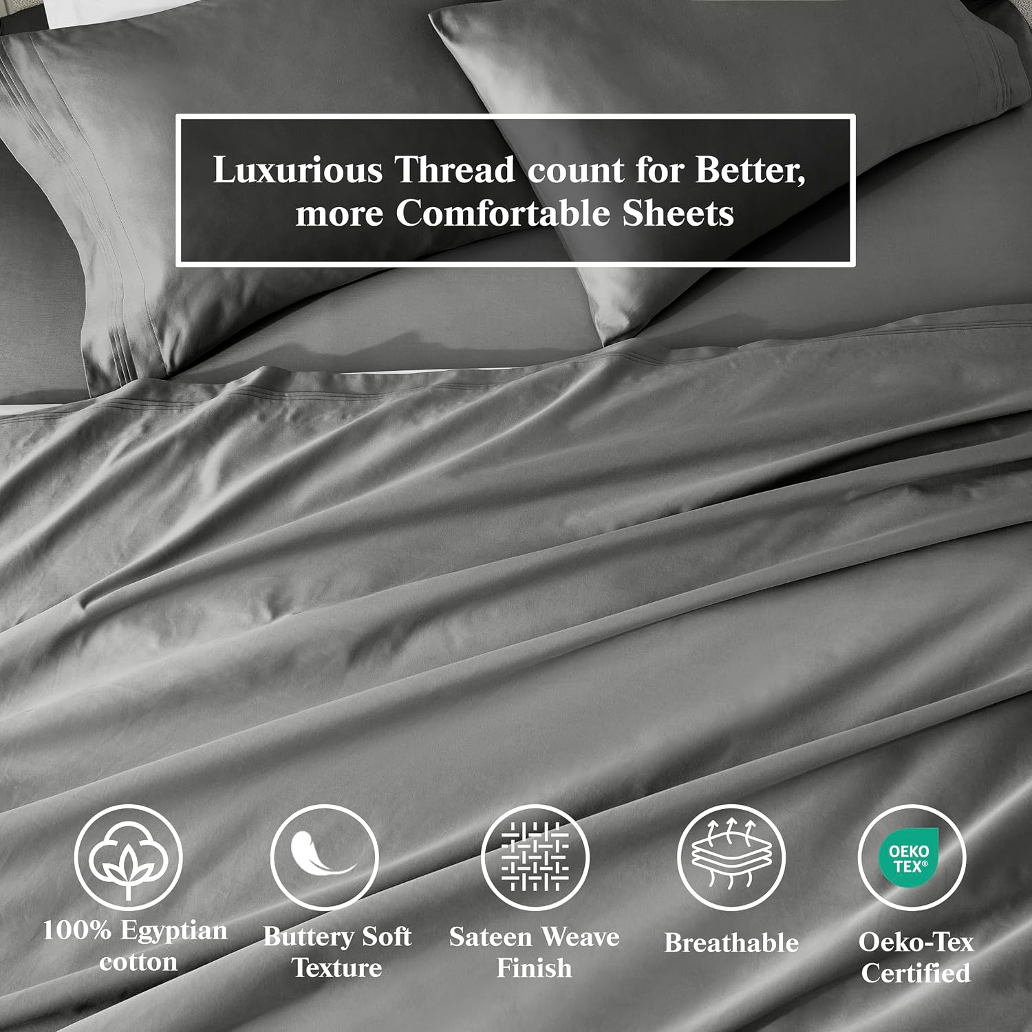Superior Egyptian Cotton 4 Piece Sheet Set, 650 Thread Count, Modern Design, Sustainable Sheets, Ultra-Soft Basics, Solid, Deep Pocket Fitted Sheet, Flat Sheet, Pillowcases, King, Grey