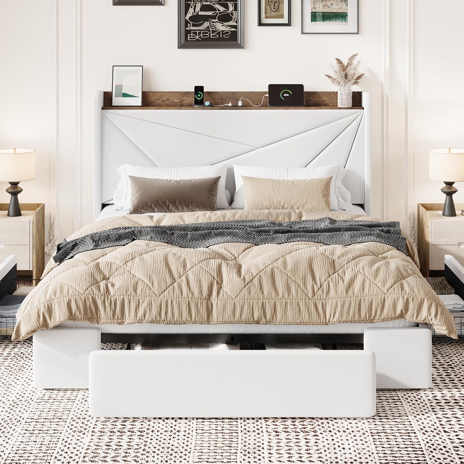 SHA CERLIN Full Size Bed Frame with 3 Drawers, USB & Type-C Charging Ports, Velvet Upholstered Platform Bed with Modern Geometric Wingback Storage Headboard, No Box Spring Needed, Easy Assembly, White