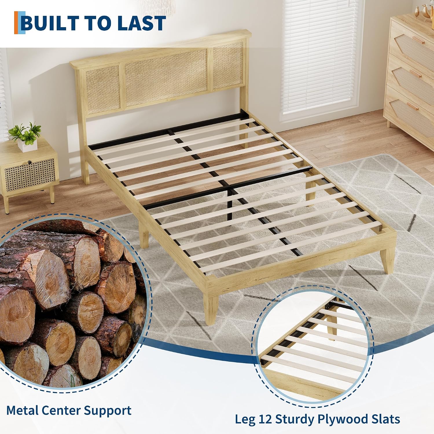 IDEALHOUSE Full Bed Frame with Natural Rattan Headboard, Slats, Bohemian-Style Cane Mattress Support, Strong Metal Base with Resilient Wooden, No Box Spring Needed