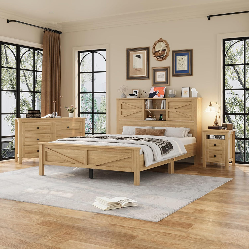 3-Pieces Queen Size Bedroom Sets, Farmhouse Platform Bed with Double Sliding Door USB Storage Headboard, 3PCS Bedroom Sets with Cabinet and Nightstands, Kids Adults, Natural